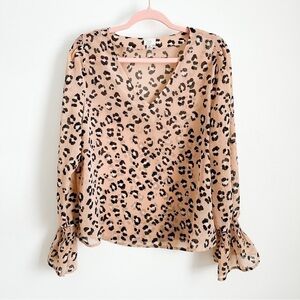 A New Day Sheer Leopard Animal Print V Neck Balloon Sleeve Ruffle Cuff Top sz M
